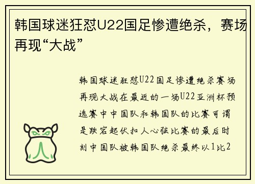 韩国球迷狂怼U22国足惨遭绝杀，赛场再现“大战”